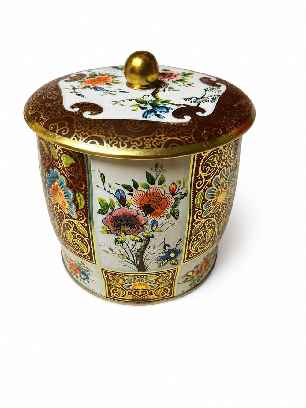 Vintage Made in England Floral Lidded Tin Canister Gold Filigree Cottagecore